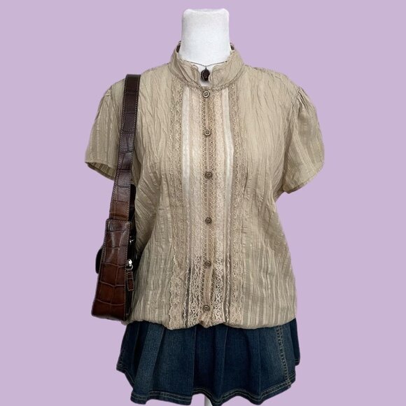 Faded Glory Tops - y2k beige lace coquette cottagecore button up top